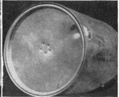 Friction top pail with holes in lid. The full feeder can is inverted over the frames in an empty super.