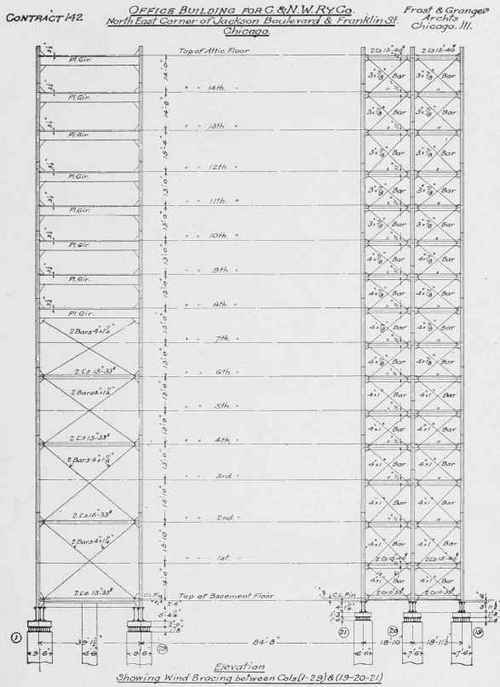 ELEVATION OF STEEL FRAME, SHOWING WIND BRACING OF OFFICE BUILDING FOR THE CHICAGO & NORTHWESTERN RAILWAY COMPANY, CHICAGO
