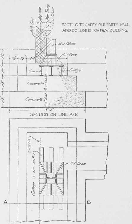 PLAN OF FOOTINGS AT CORNER UNDER CORNER COLUMN AND OLD WALL. Fig. 157.