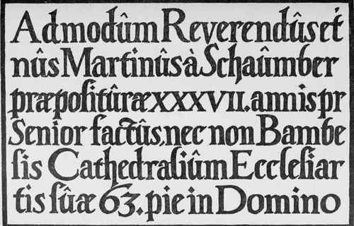 SMALL OR MINUSCULE LETTERING FROM A HAND LETTERED INSCRIPTION IN BRONZE IN THE CATHEDRAL AT BAUMBERG, 1613.