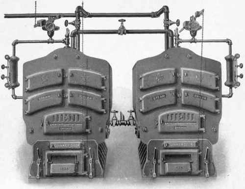 A BATTERY OF IDEAL STEAM BOILERS SHOWING METHOD OF YOKING THE MAIN SUPPLY AND RETURN PIPE.