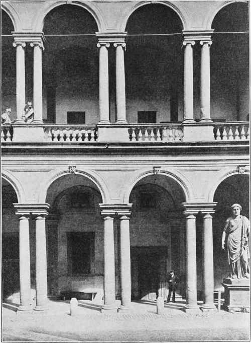 Detail of Courtyard, Borghese Palace, Rome; Martiuo Longhi, Architect. Showing Renaissance superposition of arches resting on coupled columns.
