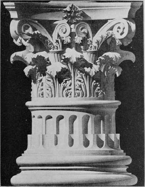 Fig, 128. Roman Corinthian Capital and Base. (Restoration.) From drawing by Emanuel Brune.