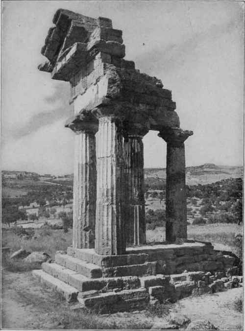 Remaining Corner of Greek Doric Temple of Castor and Pollux, Girgenti, Sicily Illustrating Construction and Lintel Principle of Greek Temple Architecture.