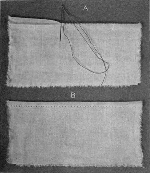 Fig. 113.   Napery or damask hem; A, wrong side, hem turned and overhanded; B, right side, finished hem. 