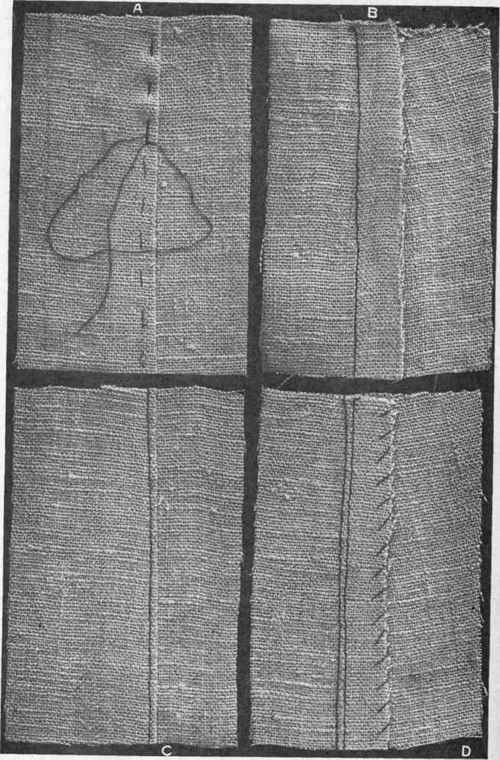 Fig. 199.   Cord seam; A, basting for outside stitching; B, wrong side before outside stitching; C, outside stitching; D, wrong side after stitching.