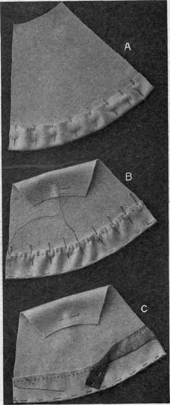 Fig. 213.   Finish for lower edge of wool skirt; A, hem turned and pinned; B, fulness drawn up by gathers; C, fulness shrunken out and Prussian binding basted to hem.