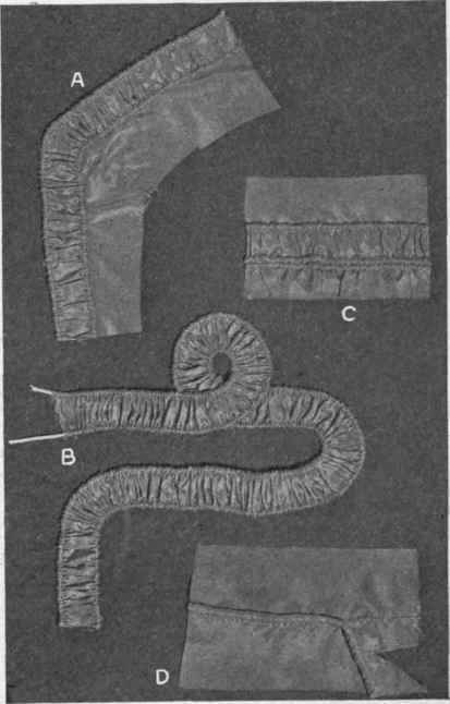 Fig. 231. A, B, C, shirring on cords; D, cord set in armhole; sleeve sewed to cord.