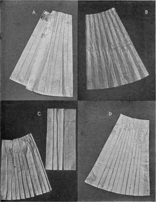 Fig. 68.   Method of designing plaited skirts; A, marking plaits for shaped plaited skirt, using pattern; B, completed design; C, marking plaits for straight plaited skirt without pattern; also completed design; D, original design from six gore pattern, combining principles of designing yokes, panels and plaits.