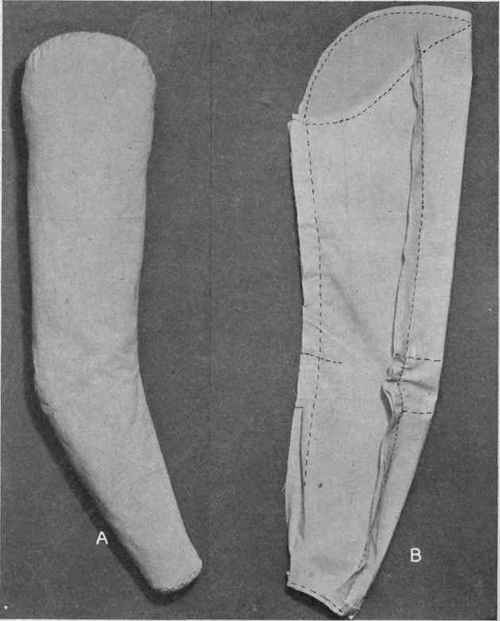 Fig. 78.   Close fitting sleeve basted for fitting padded sleeve for draping; A, padded sleeve;