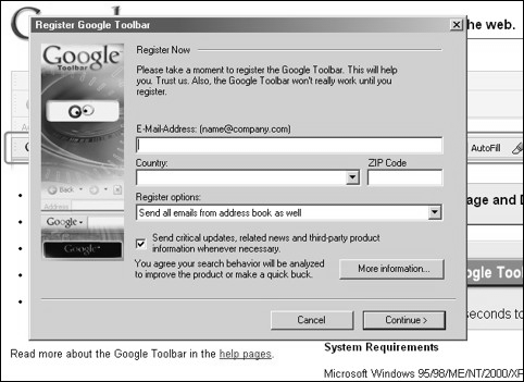 Google Toolbar asks you to register