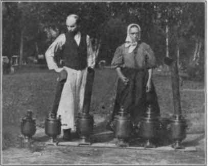 Fig. 12. Tea samovars, Sparrow Hill. Moscow. (Photo by Author.) the well to do people. The custom of drinking afternoon tea is also rapidly spreading in the United States. But after all the most important use of the beverages which have been mentioned is at the table.