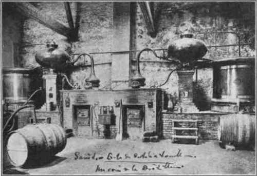 Fig. 40.   Brandy Distillery at Saintes, sent by Senator A. Calvet. The stills are embedded in the masonry. The necks of the still are connected with the top shaped vessels (chauffe vins)