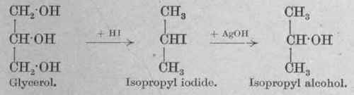 For preparing the iodide, amorphous phosphorus in the proportion of 25 grams, and iodine 140 grams, are used for 100 grams of anhydrous glycerol, the phosphorus being added gradually to the other ingredients, and the mixture distilled in a slow current of carbon dioxide gas. With half the weight of iodine and using yellow phosphorus, the same operation yields allyl iodide as the main product. Alternatively, the glycerol may be diluted with an equal volume of water and distilled with 150 grams of iodine and 28 grams of yellow phosphorus, added gradually. The first portion of the distillate is returned to the retort and re distilled. Admixed allyl iodide may be removed from the isopropyl iodide by treating the mixed iodides with hydriodic acid.