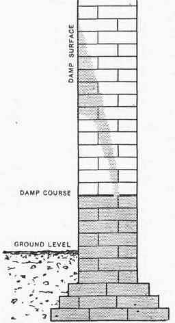 Course of moisture in a wall provided with an inefficient damp course. The brickwork above the damp course should always be dry