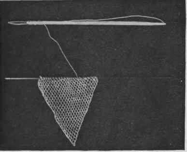 Netting needle filled with thread. To make a square, begin at the corner