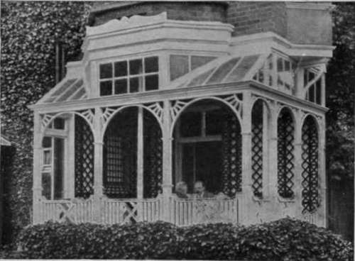 A conservatory can be adapted to form an ideal breakfast house, the glass roof being retained, the sides left open, and a low rail added