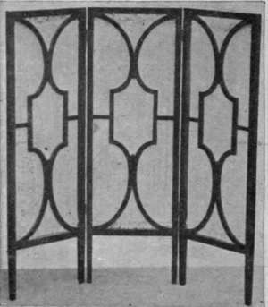 A fine example of a three fold screen, in mahogany, with pleated silk panels. The design of the woodwork is distinctive and artistic