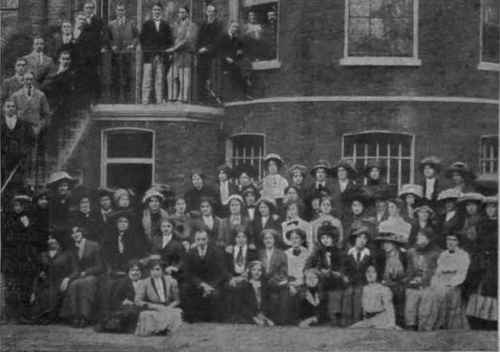 A group of instructors and students of the Academy of Dramatic Art. 62. Cower Street. London. The aim of the college is to equip thoroughly the aspirant to the stage