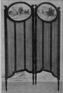 A two fold wooden screen, in which picture panels are used with excellent effect best devices, and designs are now carried out in keeping with the styles of various periods