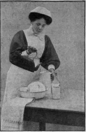 All feeding cups, plates and dishes used in the sick room should be washed in a disinfectant fluid, and then further disinfected with boiling water, which destroys germs