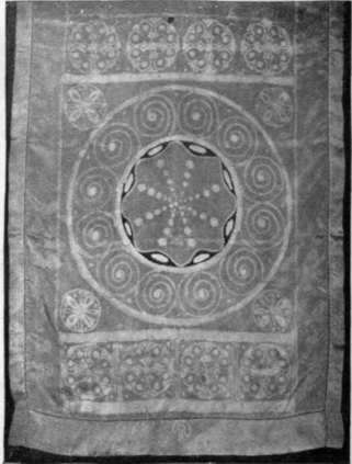 Batik work as employed in decorating a crepe de chine scarf. The scarf originally was white and the pattern was traced in wax.