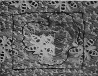 Fig. 2. A square of net is tacked firmly under the rent. and. then the edge of the damaged section is tacked round with fine cotton