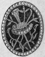 Fig. 6. An eighteenth century ring of pearls on a background of blue enamel. The device represents a shepherd's hat, crook, and pipe, in seed pearls