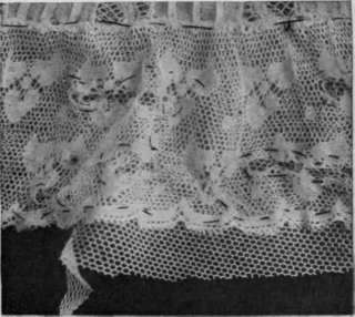 Fig. 6. If cotton lace on a petticoat is torn, a strip of net as wide the garment is starched and ironed. The edge of the net can then be trimmed and the tacking threads removed