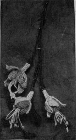 Fuchsia blossoms in silk. The stems are bound ribbon wire, as, if crocheted, they would be clumsy in appearance