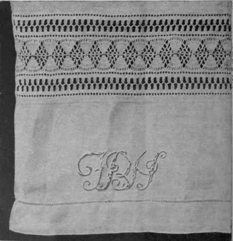 Huckaback towel with crochet lace insertion and initials F.b.h