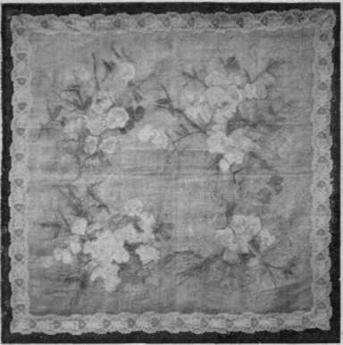 Square of book muslin edged with lace insertion with butterfly design.