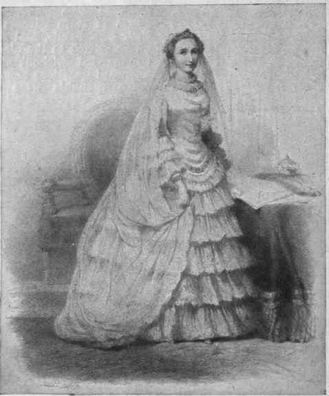 The Empress Eugenie, famous for her elaborate toilettes, arrayed in the magnificent dress in which she was married to Napoleon III.