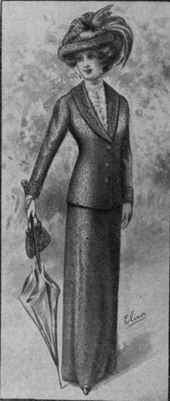 A design which illustrates the manner in which embroidered sued' can be employed with charming effect. The indispensable hand bag is also of suede, worked in filoselle and beads