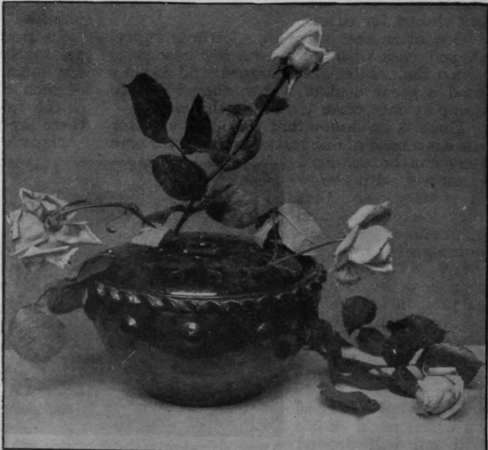 A rose bowl in green Farnham potterv, with a perforated cover. Care should be taken to choose a bowl that will harmonise in colour with any variety of rose
