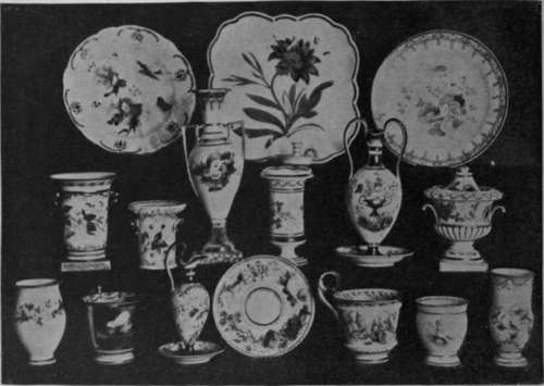 Group of Swansea porcelain, illustrating the various shapes manufactured and the styles of painting of W. Pollard, Henry Morns