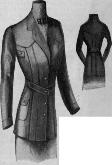 Norfolk with yoke, side folds in front, and one fold only at back. Patch pockets with flap complete this serviceable model. The back view shows how the yoke and fold are arranged