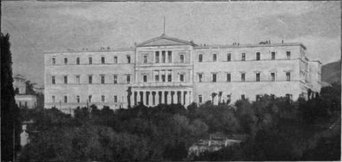 The Royal Palace in the beautiful city of Athens. Here Queen Olga has lived in the constant companionship of her children, to whom she is devoted Photo. Photochrom