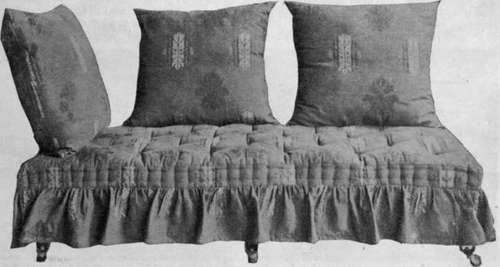 The divan is a form of lounge eminently suitable for smoking rooms, studies, halls or billiard rooms. It is both comfortable and inexpensive, and looks best when covered in dark tapestry