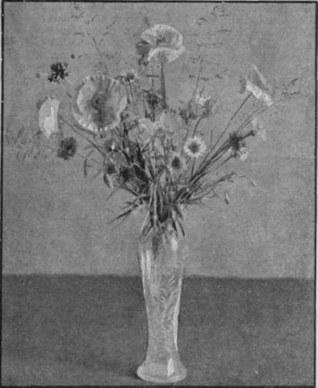 Vase filled with white Shirley poppies. cornflowers, and fairy grasses to form the centre of a blue and white table decoration for a luncheon party