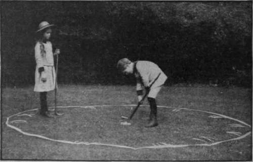 clock golf is a game that can be played upon a plot of lawn from eight to sixteen feet in diameter. 