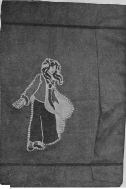 A Peter Pan collar presser has Wendy cut out of cretonne and appliqued with blanket stitch. The case is lined with white silk. The collars slipped inside are pressed into renewed freshness