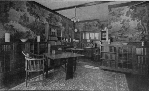 A beautiful and interesting wallpaper or frieze will appear the richer for being combined with severely simple furniture. A few pieces of good pottery will complete the effect; pictures in such a room as that illustrated would be out of place
