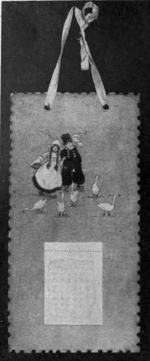 A calendar of pastel blue paper upon cardboard, on which is painted a little Dutch scene