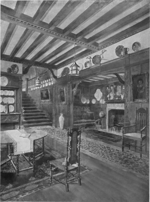 A comfortable and beautiful hall sitting room. The fitments are not costly yet they are in absolute accord with good taste and modern requirements. The suggestion can be adapted to the structural possibilities of a modest sized house. ( The Comforts of a Hall Sitting room.  See page 4796.)