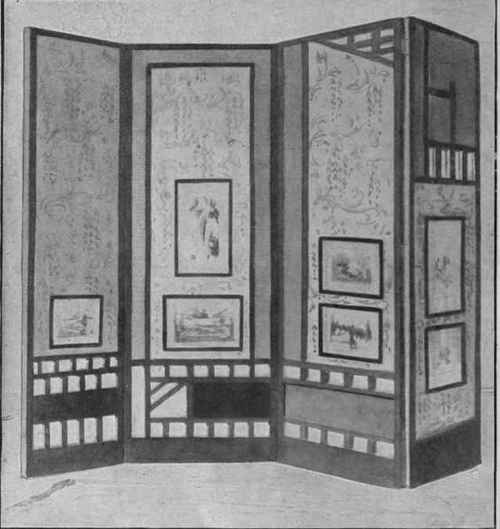 A delightful suggestion tor using Japanese prints on a screen of black wood, with panels of silk, corresponding in colour with the tone of the room in which the screen is placed