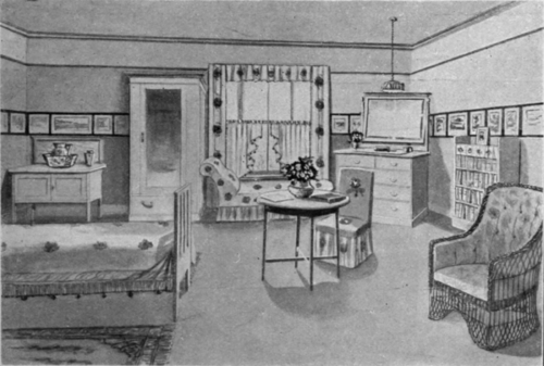 A  hollyhock  bedroom. The wallpaper should be white, with lines of black wooden beading for the pictures. The furniture should be in white enamelled wood, the floor covering of rose felt or carpeting, the hangings of rose muslin, and the covers of