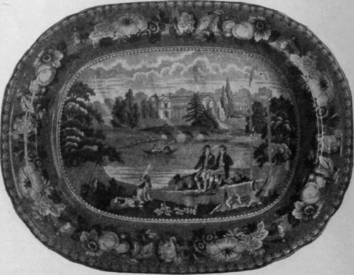 A remarkably fine dish of view ware, in deep blue, with a border of flowers and fruit, the handiwork of the famous Rogers Brothers of Staffordshire
