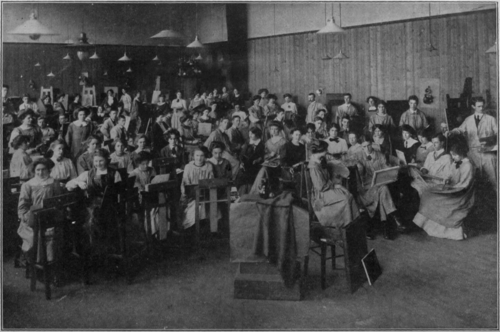 A representative class of students of the Edinburgh College of Art, engaged upon still life painting