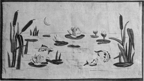 A splasher in art blue linen worked in German applique, using the outline designs on page 4436. This work opens up delightful possibilities to the artistic worker